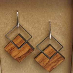 rhdr Σκουλαρίκια με Ξύλο Ελιάς & Μεταλλικό Γεωμετρικό Σχέδιο