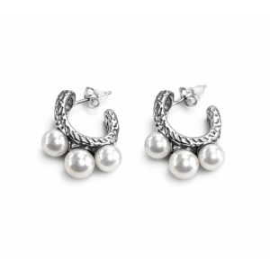 Σκουλαρίκια Κρίκοι με Τριπλή Πέρλα σε Ασημί Χρώμα – Vintage Pearl Hoop Earrings