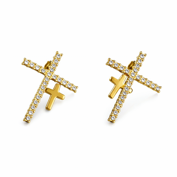 26 Σκουλαρίκια Σταυρός σε Χρυσό Χρώμα με Λαμπερές Πέτρες – Symbolic Statement Earrings