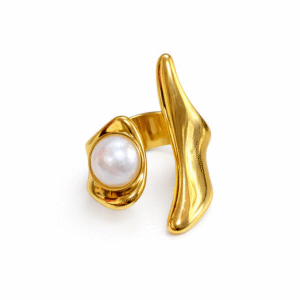 32 Ανοιγόμενο Δαχτυλίδι Κυματιστό με Πέρλα – Χρυσό Χρώμα