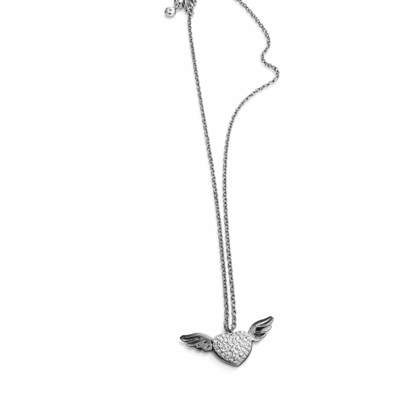 Κολιέ Καρδιά με Φτερά & Στρας – Ασημί Χρώμα
