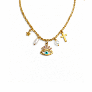 Κολιέ με Μάτι, Σταυρό & Πέρλες σε Χρυσό Χρώμα – Symbolic Charm Necklace