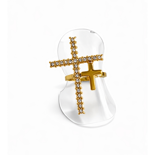 Ανοιχτό Δαχτυλίδι Σταυρός σε Χρυσό Χρώμα με Λαμπερές Πέτρες – Symbolic Statement Ring