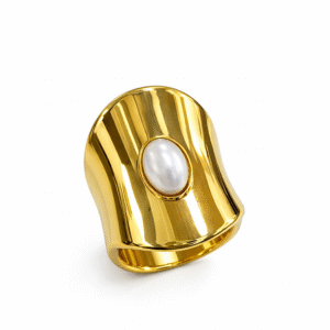 7 Φαρδύ Δαχτυλίδι Χρυσού Χρώματος με Πέρλα