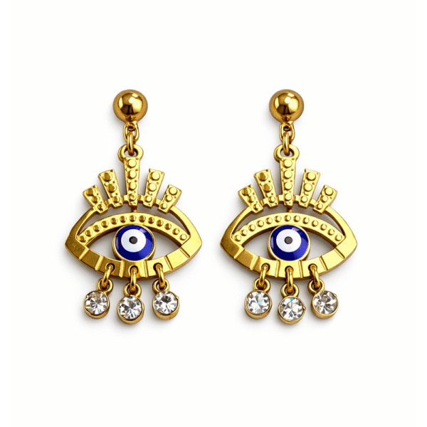 Σκουλαρίκια με Μάτι σε Χρυσό Χρώμα & Κρεμαστές Πέτρες – Symbolic Statement Earrings