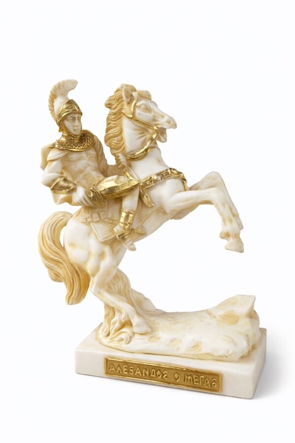 Άγαλμα του Μεγάλου Αλεξάνδρου πάνω στον Βουκεφάλα, σε λευκό μάρμαρο-όψη με χρυσές λεπτομέρειες. Εντυπωσιακό διακοσμητικό που αποπνέει δύναμη, μεγαλείο και ελληνική ιστορία.