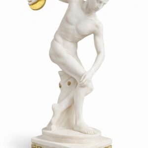 περιγραφη δισκοβολο   Άγαλμα Δισκοβόλου σε λευκό μάρμαρο-όψη με χρυσές λεπτομέρειες. Αναπαράσταση του κλασικού Έλληνα αθλητή σε κίνηση, σύμβολο δύναμης, ισορροπίας και αρμονίας.