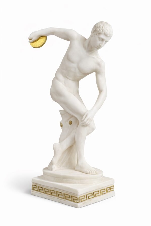 περιγραφη δισκοβολο   Άγαλμα Δισκοβόλου σε λευκό μάρμαρο-όψη με χρυσές λεπτομέρειες. Αναπαράσταση του κλασικού Έλληνα αθλητή σε κίνηση, σύμβολο δύναμης, ισορροπίας και αρμονίας.