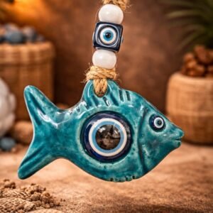 Χειροποίητο διακοσμητικό ψαράκι με φυσικά κοχύλια και μάτι προστασίας.