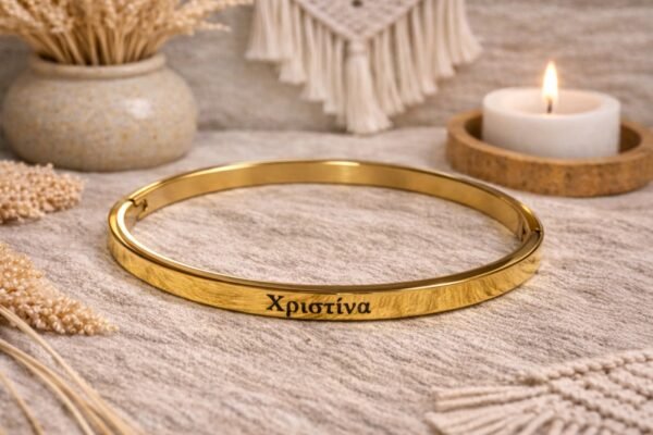 Ατσάλινη χειροπέδα σε λαμπερή χρυσή απόχρωση με χαραγμένο το όνομα Χριστίνα.