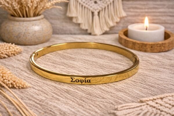 Ατσάλινη χειροπέδα σε κομψή χρυσή απόχρωση, με χαραγμένο το όνομα “ΣΟΦΙΑ”.