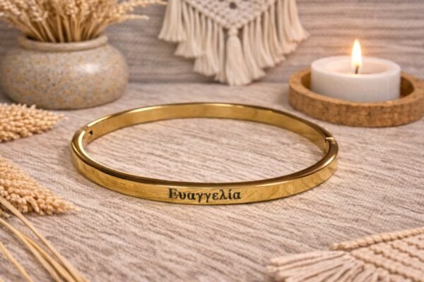 Ατσάλινη χειροπέδα σε χρυσή απόχρωση, με χαραγμένο το όνομα ΕΥΑΓΓΕΛΙΑ.