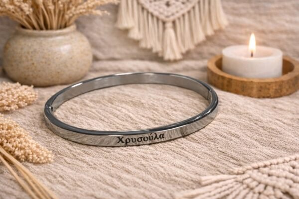 0-02-05-b3939d31b61842c6072648d3c9e94903f31aba645fe19166bd7e8ccd5451fecf_1c74f05cef160c2a Ατσάλινη χειροπέδα σε ασημί απόχρωση με χαραγμένο το όνομα ΧΡΥΣΟΥΛΑ.