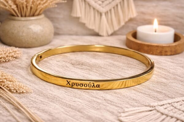 Ατσάλινη χειροπέδα σε κομψή χρυσή απόχρωση με χαραγμένο το όνομα «ΧΡΥΣΟΥΛΑ».
