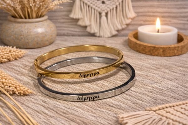 Ατσάλινη χειροπέδα σε χρυσή απόχρωση, με χαραγμένο το όνομα ΔΗΜΗΤΡΑ.