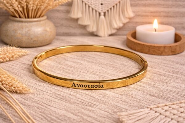 Ατσάλινη χειροπέδα σε χρυσή απόχρωση με χαραγμένο το όνομα ΑΝΑΣΤΑΣΙΑ.