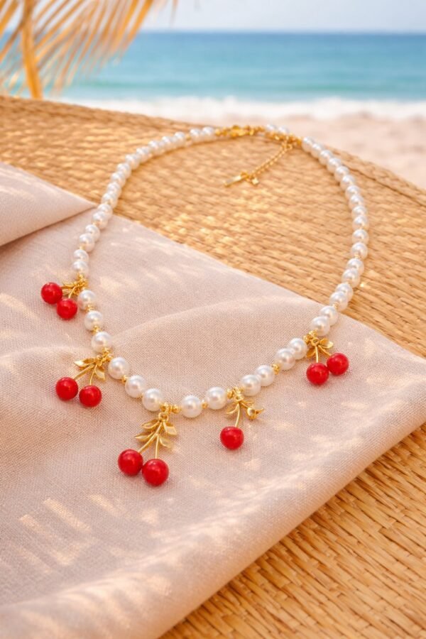 Κομψό κολιέ διακοσμημένο με λαμπερές πέρλες κ στοιχεία σε σχήμα κερασιού.