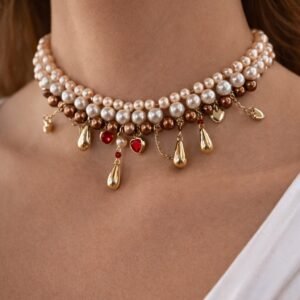 Τσόκερ από Ατσάλι με Πέρλες & Κρεμαστά Στοιχεία