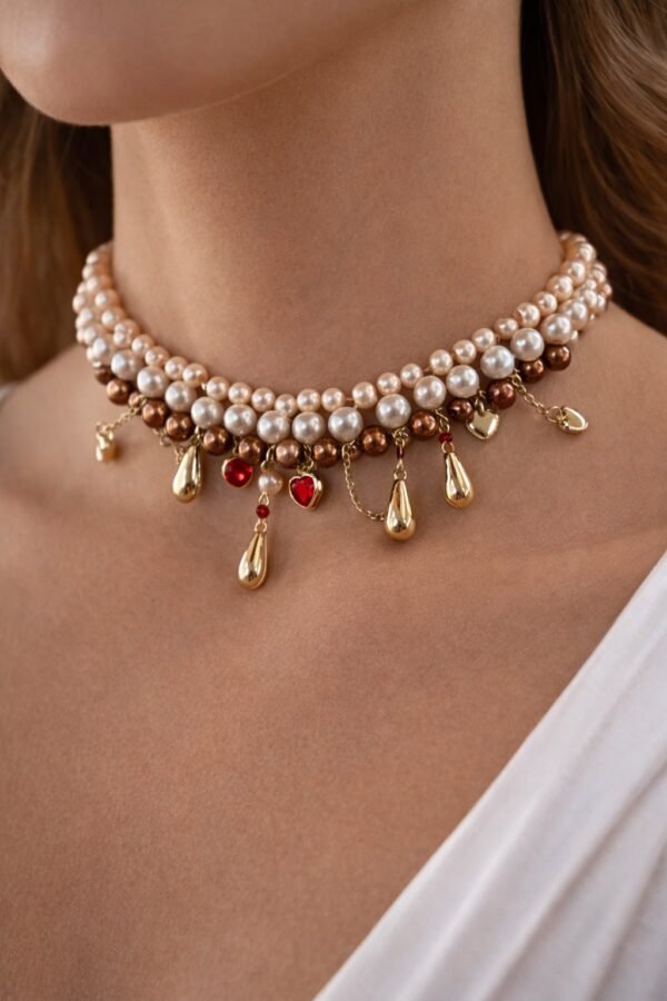 Τσόκερ από Ατσάλι με Πέρλες & Κρεμαστά Στοιχεία